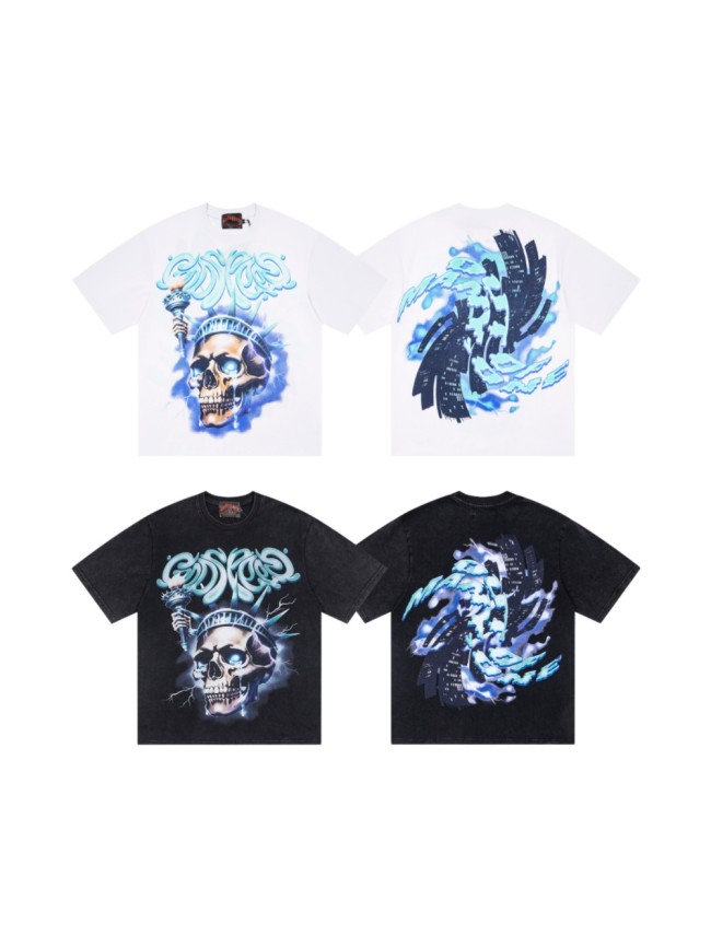 Godspeed Statue Of Liberty Skull Torch Gothic Font Print Back City Building Storm T-Shirt 2 colors 29443239