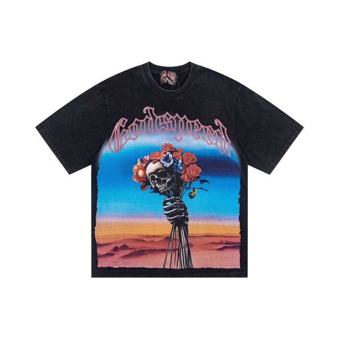 Godspeed Front Desert Skull Holding Bouquet Gothic Print Back G Letter Sentence T-Shirt 2 colors 29443200