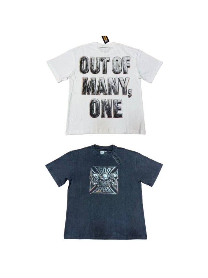 Godspeed Three Skull Cross Metal Texture Print Retro Metallic 3D Slogan Washed T-Shirt 2 colors 29443161