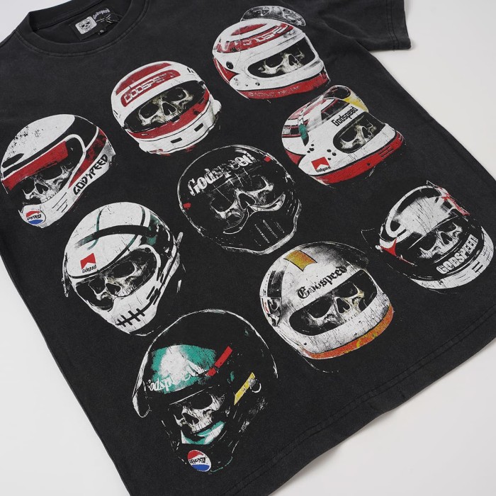 Godspeed Front Multiple Skull Helmet Print Back Helmet Large Vintage Slogan Washed T-Shirt 2 colors 29443186