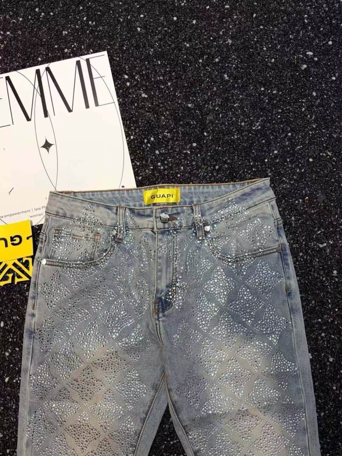 Guapi 1:1 quality version Diamond Grid Full Rhinestone Washed Vintage Flare Jeans 29443366