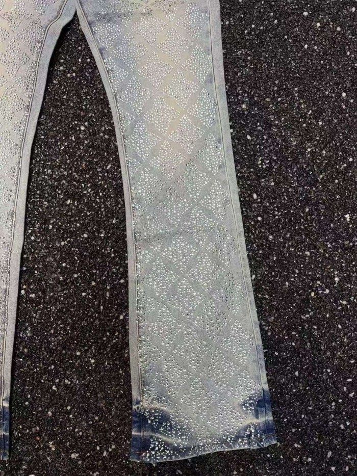 Guapi 1:1 quality version Diamond Grid Full Rhinestone Washed Vintage Flare Jeans 29443366
