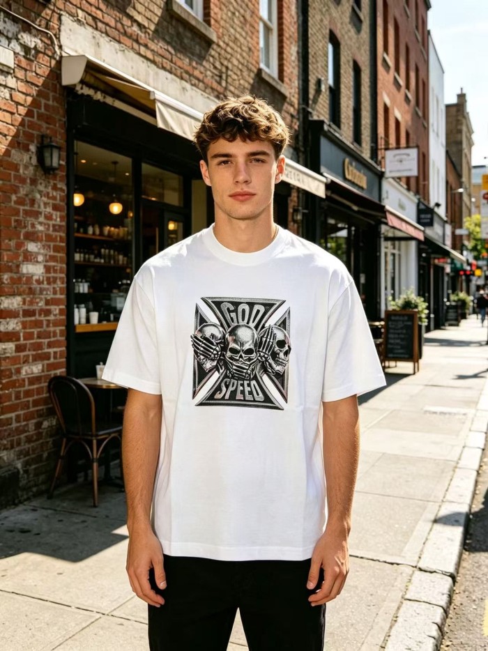 Godspeed Three Skull Cross Metal Texture Print Retro Metallic 3D Slogan Washed T-Shirt 2 colors 29443161