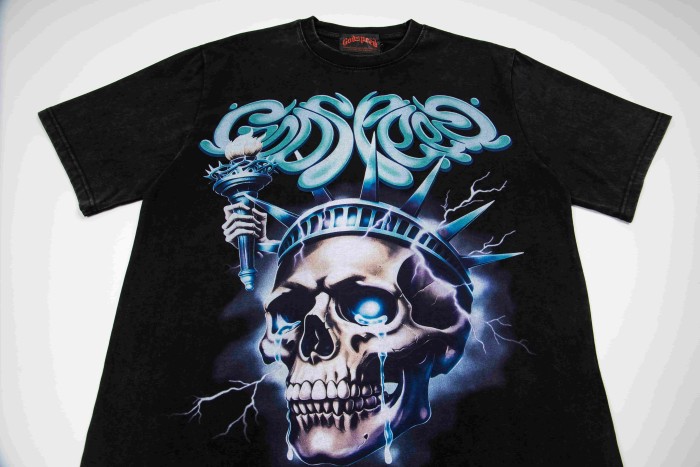 Godspeed Statue Of Liberty Skull Torch Gothic Font Print Back City Building Storm T-Shirt 2 colors 29443239