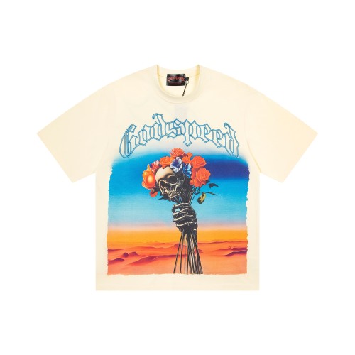 Godspeed Front Desert Skull Holding Bouquet Gothic Print Back G Letter Sentence T-Shirt 2 colors 29443200