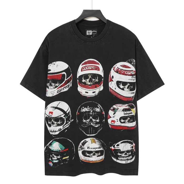 Godspeed Front Multiple Skull Helmet Print Back Helmet Large Vintage Slogan Washed T-Shirt 2 colors 29443186