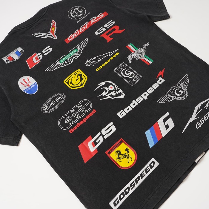 Godspeed Front Small Shield Car Badge Print Back Multiple Racing Mark Collage Washed T-Shirt 2 colors 29443179