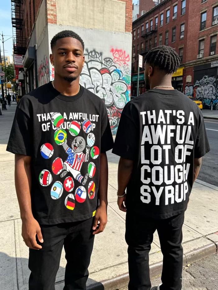 Cough Syrup Front Cartoon Beaver World Flag Soccer Graphic Back Bold Slogan Print Tee 2 colors 29455699