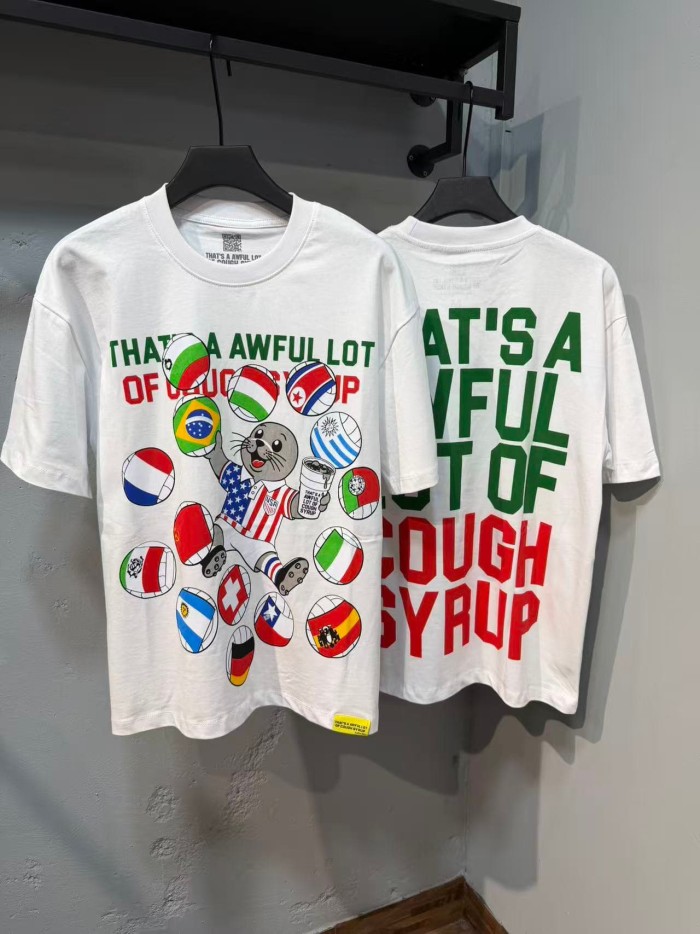 Cough Syrup Front Cartoon Beaver World Flag Soccer Graphic Back Bold Slogan Print Tee 2 colors 29455699
