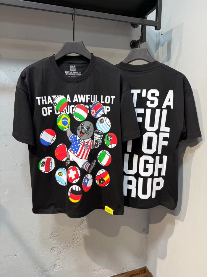 Cough Syrup Front Cartoon Beaver World Flag Soccer Graphic Back Bold Slogan Print Tee 2 colors 29455699