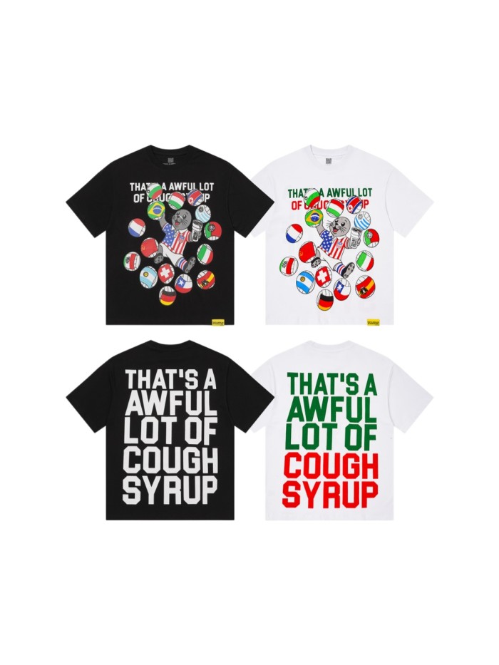 Cough Syrup Front Cartoon Beaver World Flag Soccer Graphic Back Bold Slogan Print Tee 2 colors 29455699