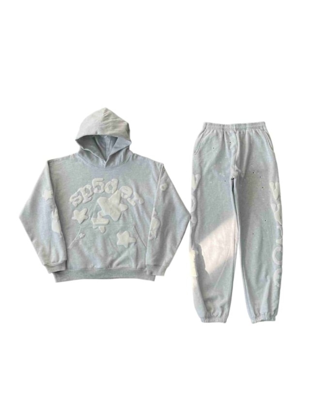 Sp5der 1:1 quality version Gray Alphabet Big Star Foam Print Hoodie & Pants Set 26843917