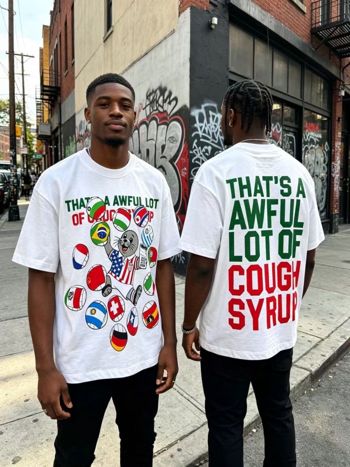 Cough Syrup Front Cartoon Beaver World Flag Soccer Graphic Back Bold Slogan Print Tee 2 colors 29455699