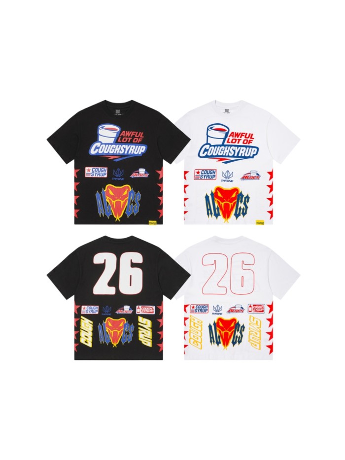 Cough Syrup Front Racing Badge Snake Head Slogan Graphic Back Number Badge Print Tee 2 colors 29455717
