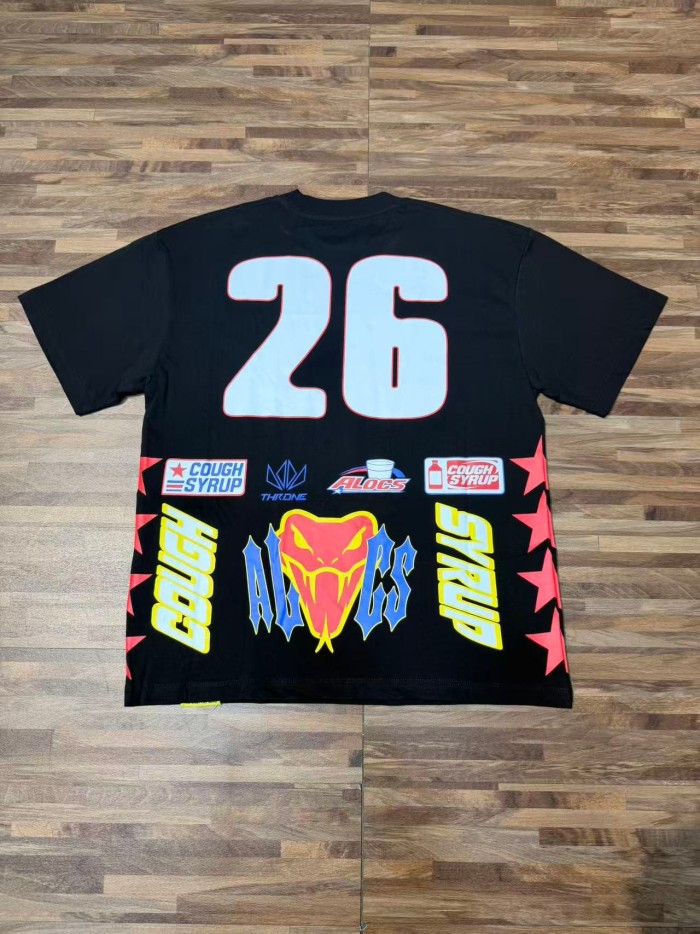 Cough Syrup Front Racing Badge Snake Head Slogan Graphic Back Number Badge Print Tee 2 colors 29455717