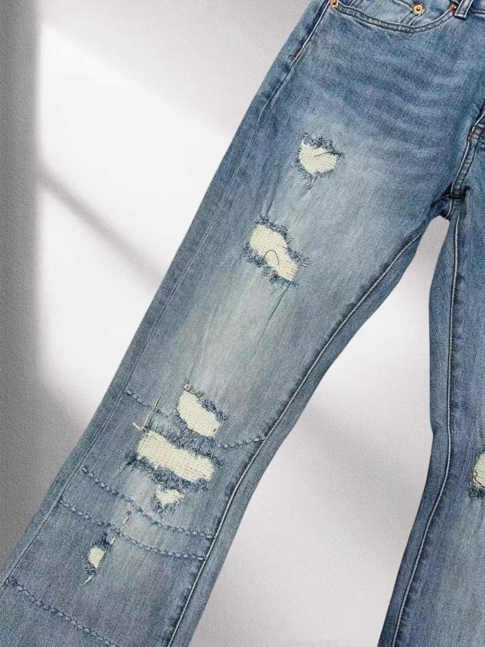 Purple Brand 1:1 quality version Washed Mesh Patch Frayed Ripped Slim Flare Denim Jeans 29456828