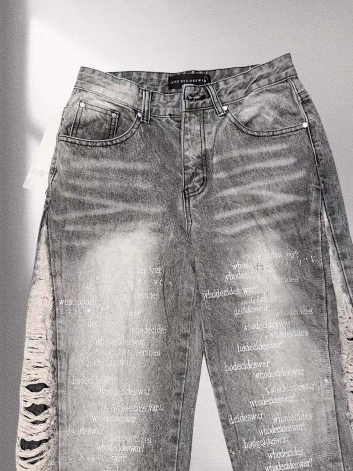 Who Decides War 1:1 quality version Washed Vertical Slogan All Over Print Side Frayed Tassel Denim Jeans 2 colors 29456765