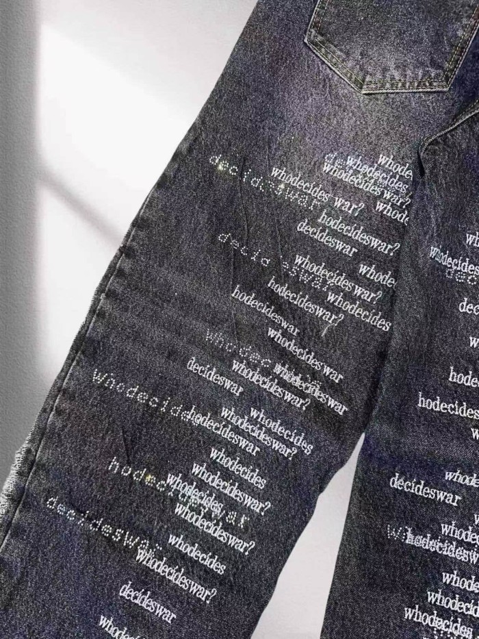 Who Decides War 1:1 quality version Washed Vertical Slogan All Over Print Side Frayed Tassel Denim Jeans 2 colors 29456765