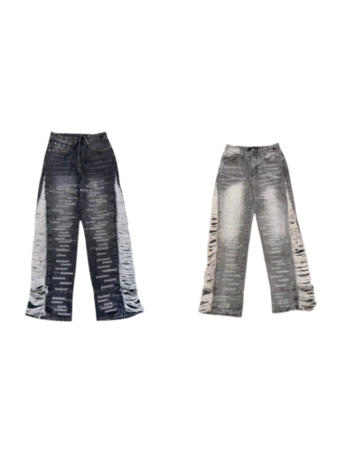 Who Decides War 1:1 quality version Washed Vertical Slogan All Over Print Side Frayed Tassel Denim Jeans 2 colors 29456765