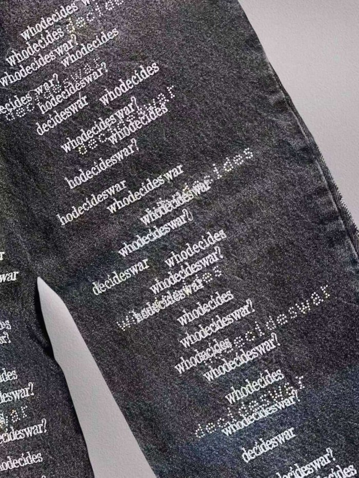 Who Decides War 1:1 quality version Washed Vertical Slogan All Over Print Side Frayed Tassel Denim Jeans 2 colors 29456765