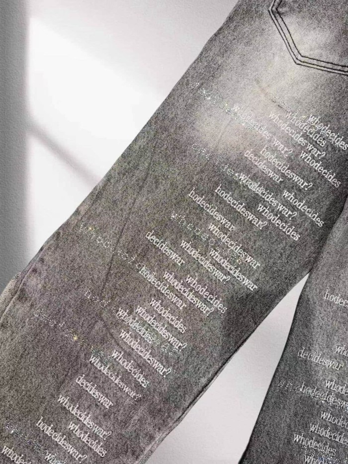 Who Decides War 1:1 quality version Washed Vertical Slogan All Over Print Side Frayed Tassel Denim Jeans 2 colors 29456765