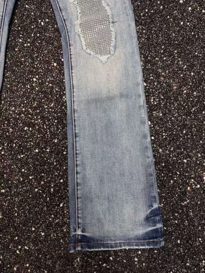 Purple Brand 1:1 quality version Washed Frayed Ripped Mesh-Lined Rhinestone Patch Slim Flare Denim Jeans 29456806