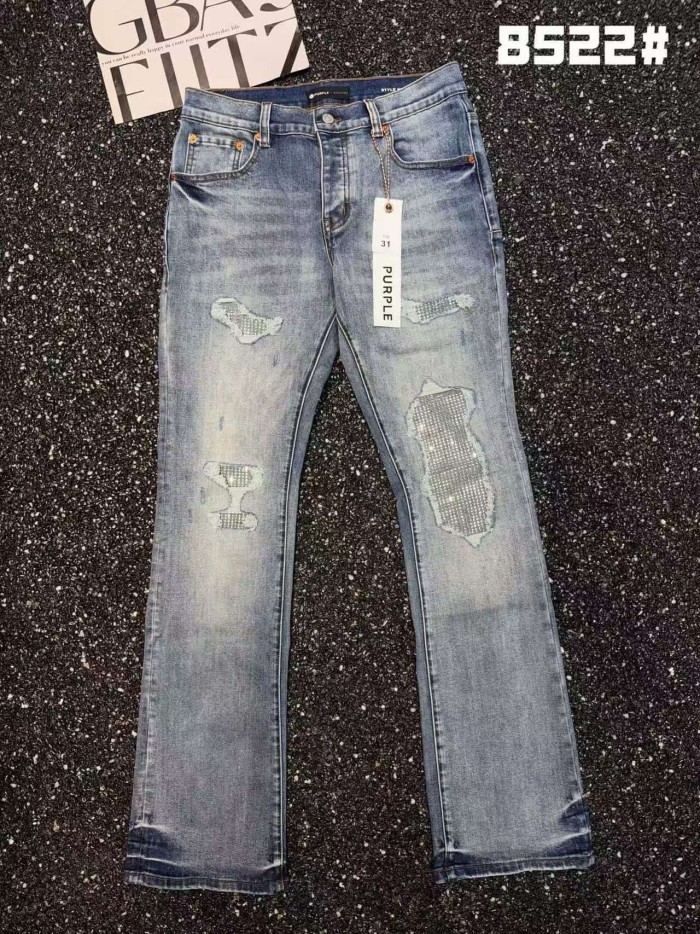 Purple Brand 1:1 quality version Washed Frayed Ripped Mesh-Lined Rhinestone Patch Slim Flare Denim Jeans 29456806