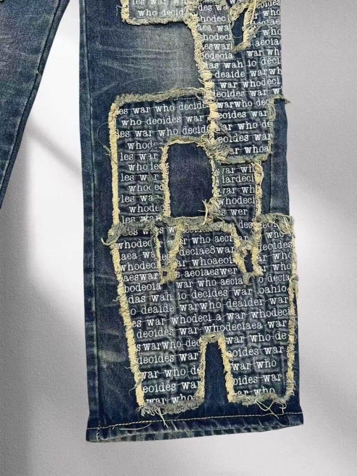 Who Decides War 1:1 quality version Washed Large Letter Frayed Patch Slogan Print Wide Leg Denim Jeans 29456756