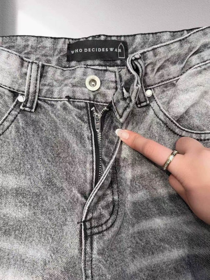 Who Decides War 1:1 quality version Washed Vertical Slogan All Over Print Side Frayed Tassel Denim Jeans 2 colors 29456765