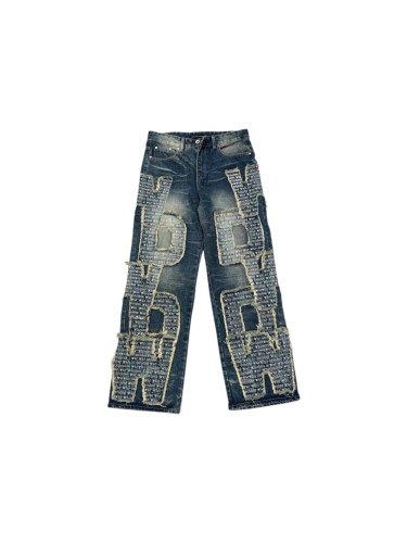 Who Decides War 1:1 quality version Washed Large Letter Frayed Patch Slogan Print Wide Leg Denim Jeans 29456756