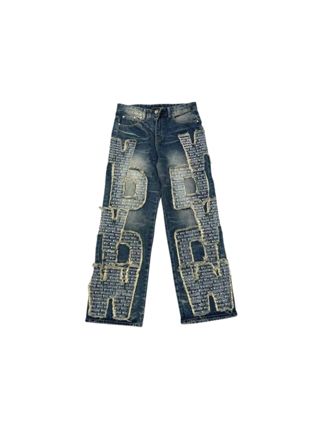 Who Decides War 1:1 quality version Washed Large Letter Frayed Patch Slogan Print Wide Leg Denim Jeans 29456756