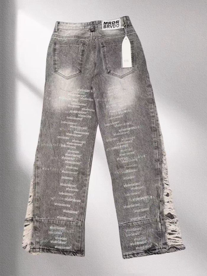 Who Decides War 1:1 quality version Washed Vertical Slogan All Over Print Side Frayed Tassel Denim Jeans 2 colors 29456765