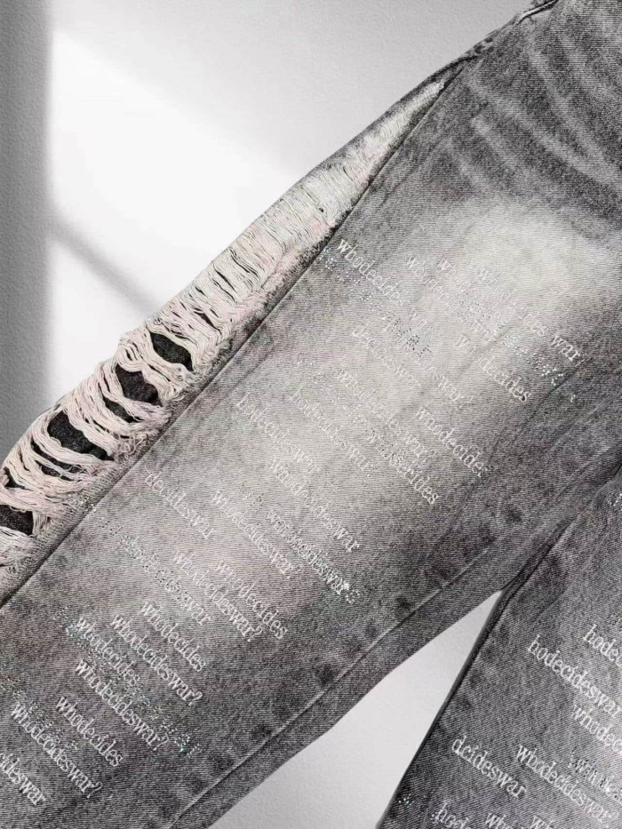 Who Decides War 1:1 quality version Washed Vertical Slogan All Over Print Side Frayed Tassel Denim Jeans 2 colors 29456765