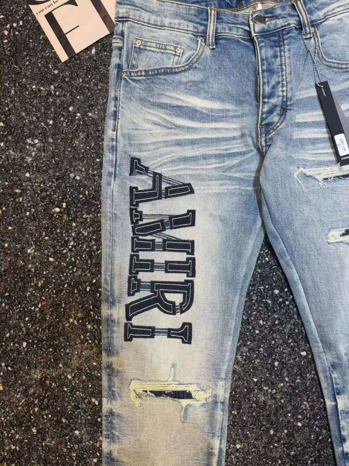 Amiri 1:1 quality version Vertical Letter Embroidery Ripped Knee Patch Gradient Hem Slim Fit Jeans 29458852
