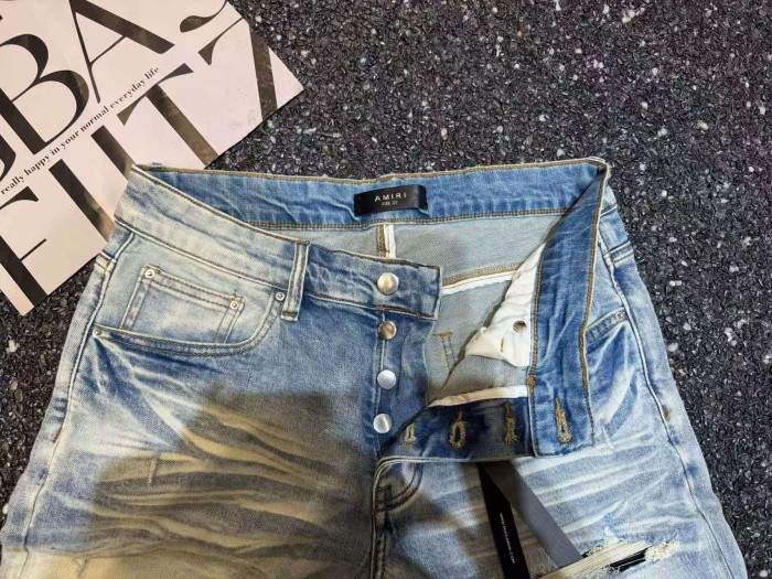 Amiri 1:1 quality version Washed Distressed Asymmetric Knee Patch Ripped Skinny Denim Jeans 29458887
