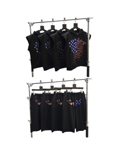 Sp5der [Big & Tall for weights up to 220 lbs]1:1 quality version Red & Blue Stars and Stripes Rhinestone Sleeveless Hoodie & Shorts Set 29458660