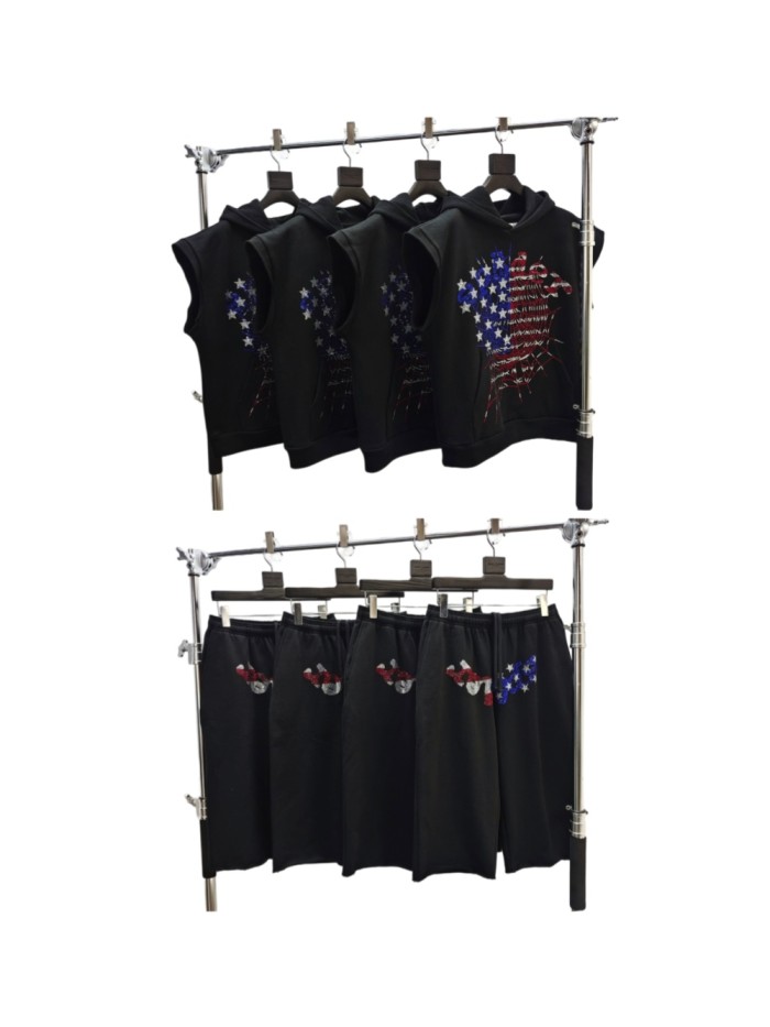Sp5der [Big & Tall for weights up to 220 lbs]1:1 quality version Red & Blue Stars and Stripes Rhinestone Sleeveless Hoodie & Shorts Set 29458660
