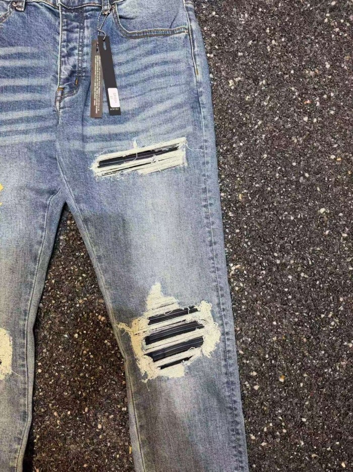 Amiri 1:1 quality version Wash Yellow Gothic Letter Print Ripped Knee Stripe Patch Slim Fit Jeans 29458867