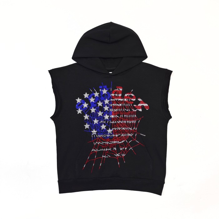 Sp5der [Big & Tall for weights up to 220 lbs]1:1 quality version Red & Blue Stars and Stripes Rhinestone Sleeveless Hoodie & Shorts Set 29458660