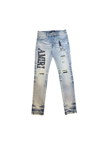 Amiri 1:1 quality version Vertical Letter Embroidery Ripped Knee Patch Gradient Hem Slim Fit Jeans 29458852
