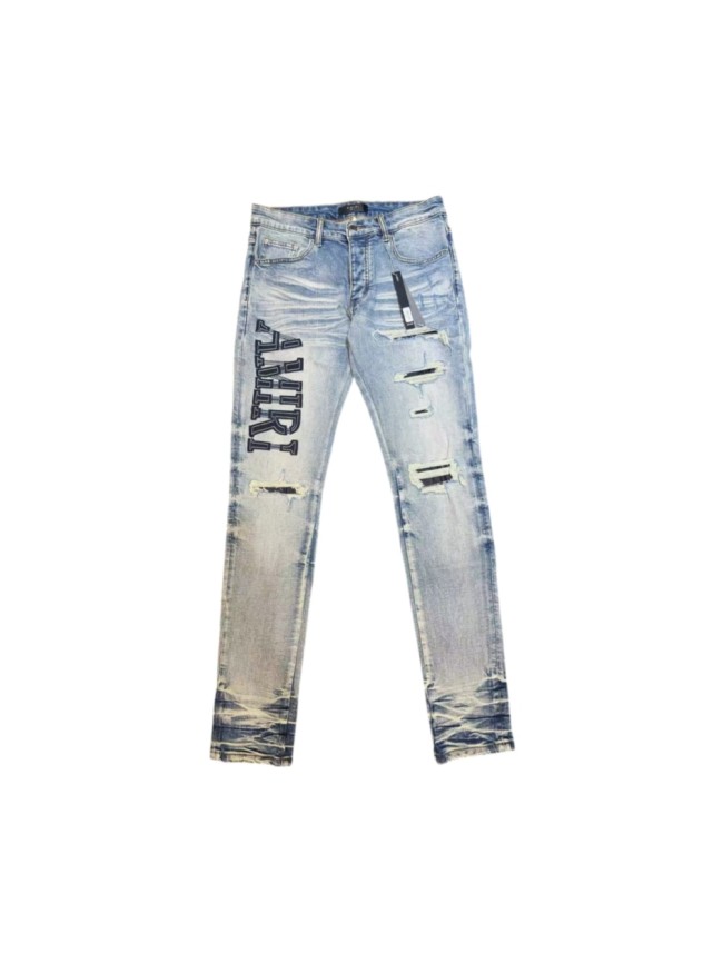 Amiri 1:1 quality version Vertical Letter Embroidery Ripped Knee Patch Gradient Hem Slim Fit Jeans 29458852