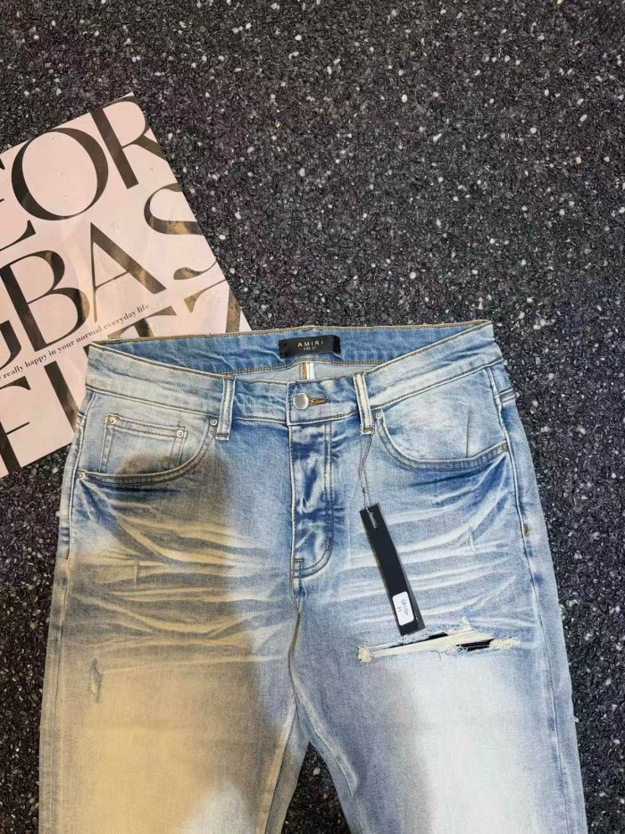 Amiri 1:1 quality version Washed Distressed Asymmetric Knee Patch Ripped Skinny Denim Jeans 29458887