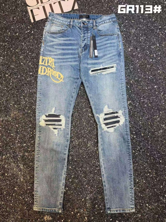 Amiri 1:1 quality version Wash Yellow Gothic Letter Print Ripped Knee Stripe Patch Slim Fit Jeans 29458867