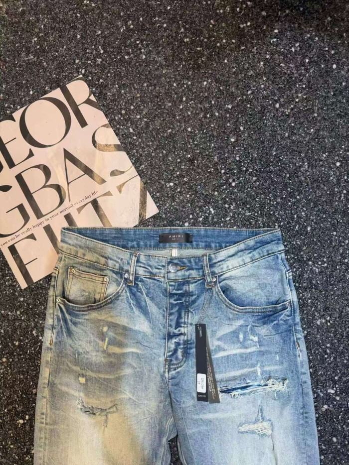 Amiri 1:1 quality version Light Blue Wash Ripped Knee Patch Gradient Hem Slim Fit Jeans 29458841