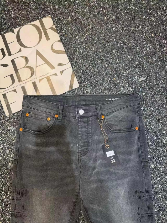 Purple Brand 1:1 quality version Vertical Rhinestone Dollar Sign Slim Flare Washed Denim Jeans 29461410