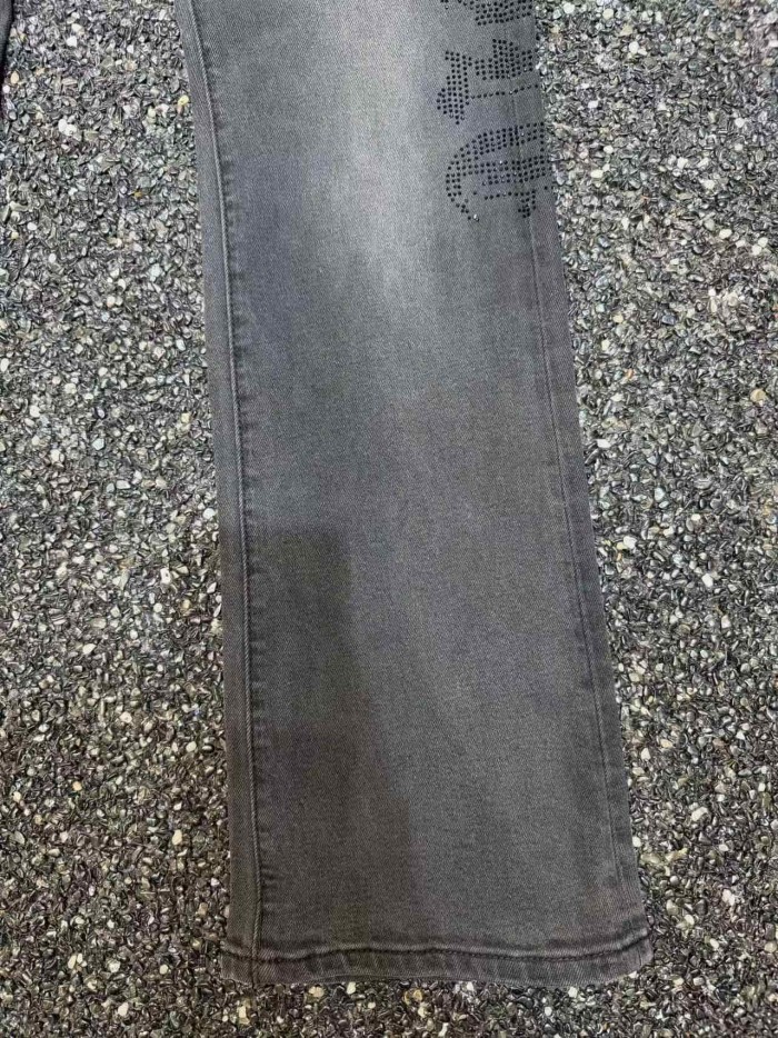 Purple Brand 1:1 quality version Vertical Rhinestone Dollar Sign Slim Flare Washed Denim Jeans 29461410