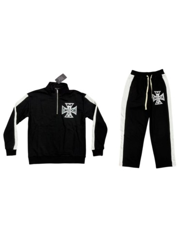 Mixed Emotion Black White Side Stripe Cross Letter Print Half Zip Sweatshirt & Pants Set 29463123