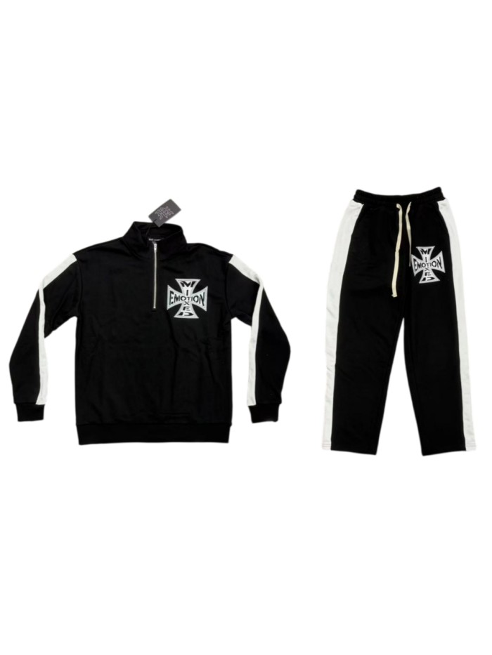 Mixed Emotion Black White Side Stripe Cross Letter Print Half Zip Sweatshirt & Pants Set 29463123