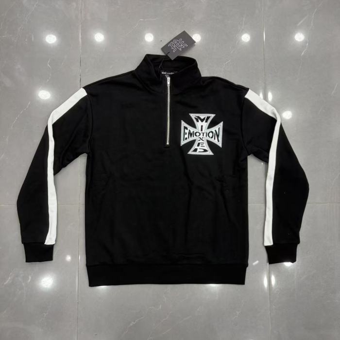 Mixed Emotion Black White Side Stripe Cross Letter Print Half Zip Sweatshirt & Pants Set 29463123