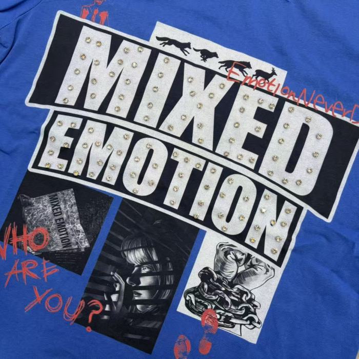 Mixed Emotion Rhinestone Big Letter Black White Photo Red Doodle Slogan Print T-shirt 29463105